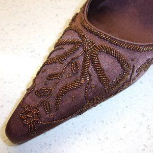 Nina Brown Satin Beaded High Heels SZ 10